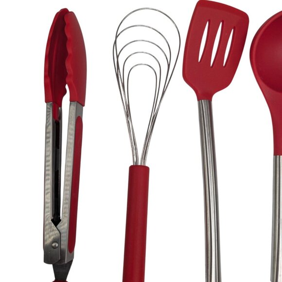 Kitchen Tool LOT OF 9 Red Silicon Tongs Wisk Ladle Spoon Brush Potato Masher - Picture 7 of 10